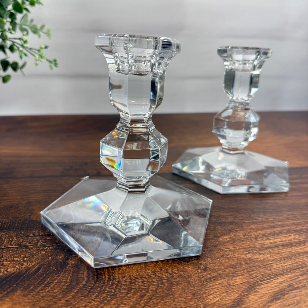 Val St Lambert Crystal Candlestick Holders Pair Hexagonal Base Belgian Glass